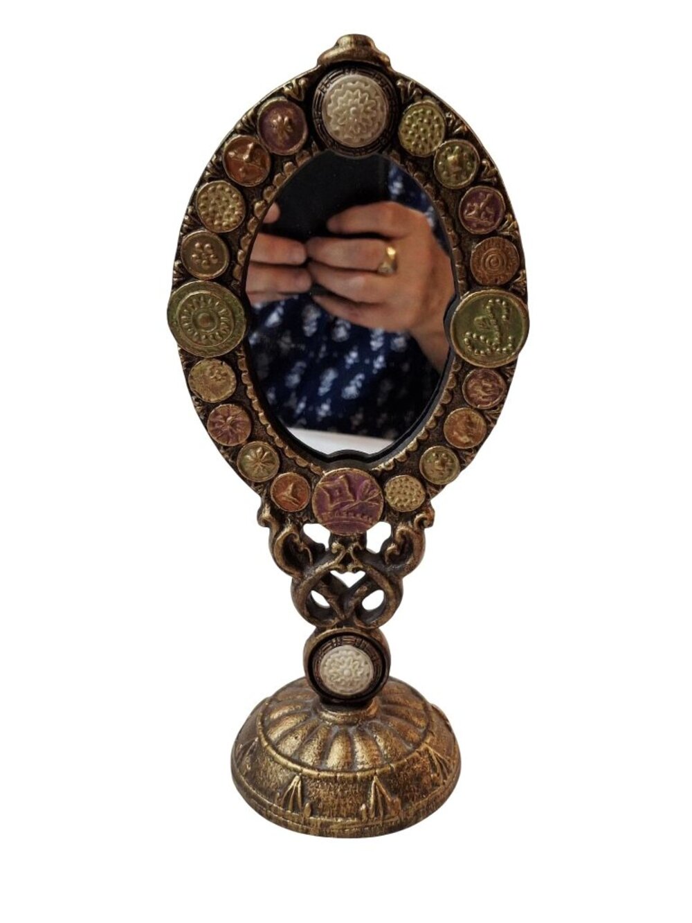 Vintage-Style Ornate Tabletop Mirror With Multicolor Embossed Accents & Gold Fin